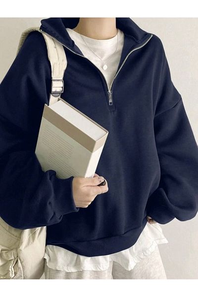 BYMEER Navy Blue Stand Collar Zippered Sweatshirt