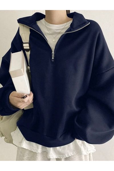 BYMEER Navy Blue Stand Collar Zippered Sweatshirt