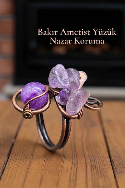 NBS Beautiful Naturel Stones Ring Amethyst Pure Copper Adjustable Hand Craftsmanship (Positivity, Evil Eye, Protection)