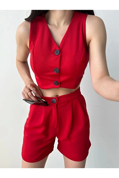 Genel Markalar Önü Düğmeli Crop Yelek Ve Şort İkili Takım