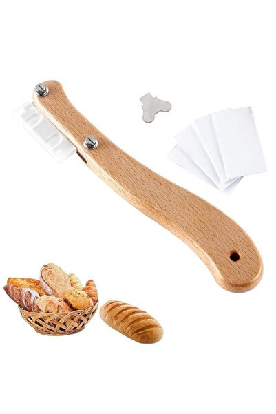 Generic أداة تقطيع الخبز من أزوني بمقبض خشبي مع 5 شفرات وغطاء واقٍ للخبز