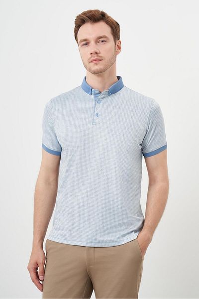 Morven Men's A. Blue Trend Mercerized Jacquard Pattern Button-Down Collar Dynamic Fit T-Shirt