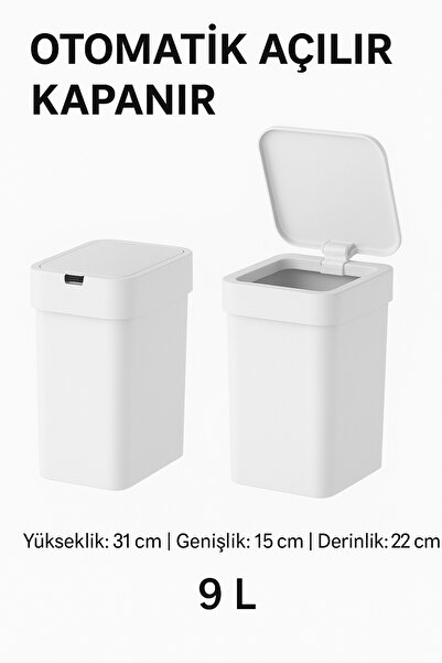 woodhub Beyaz Dikdörtgen Sensörlü Çöp Kutusu, Şık ve Pratik, Küçük Alanlar İçin Mükemmel