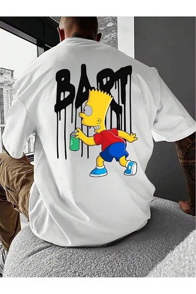 İnazuma Outdoors Unisex Oversize Printed Cotton Crew Neck Short Sleeve White T-Shirt Bart Simpson