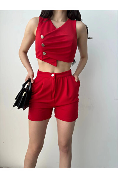 Defile Double Breasted Collar Button Detailed Crop Vest and Shorts Double Set