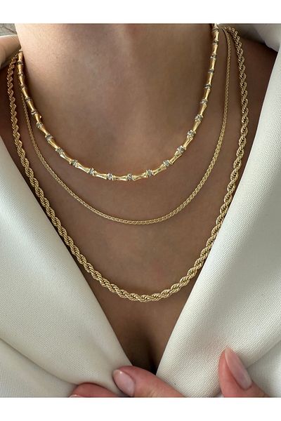 LUSORA ACCESORY Gold Color Triple Combination Chain Necklace Set – Bamboo, Thin and Twist Model"
