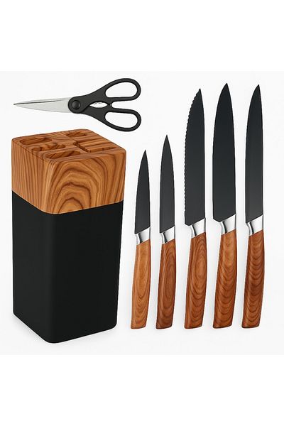 DIGIMAT STORE Set of 5 DIGIMAT® Professional Knives, Premium, scissors, solid wood stand, durable, sharp blades