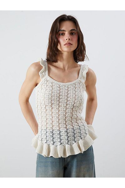 LC Waikiki Lcw Vision U-Neck Openwork Ruffle Knitwear Blouse