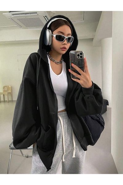 DEZZİİ Black Zipper Hooded Sweatshirt