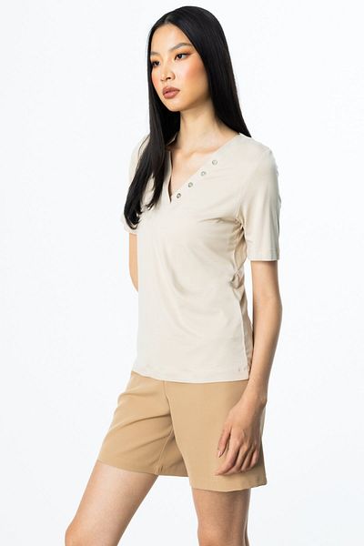 On Fashion T-Shirt with Button Detail on the Collar Sand-51340