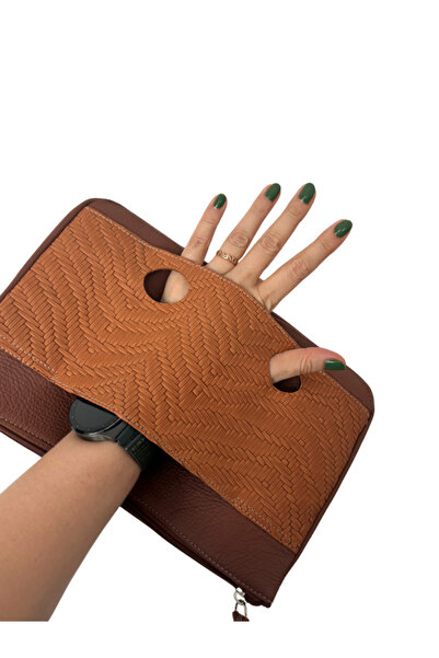 Pinkylola Handsoff Model Red Tan & Straw Braid Print Detail Genuine Leather P...