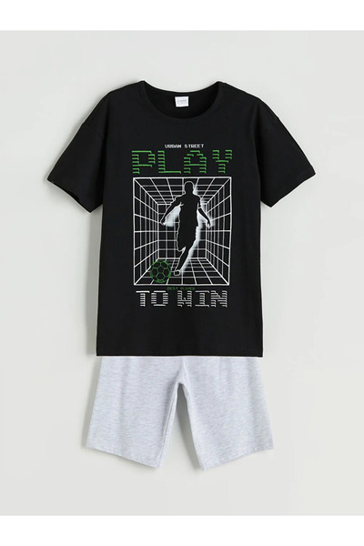 LC Waikiki Lcw Kids Black Bicycle Collar Male Child Shorts Pajamas Set