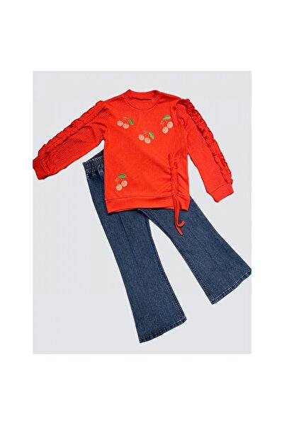 gl00my Polexp Girls' Cherry Patterned Set with Jeans - Red