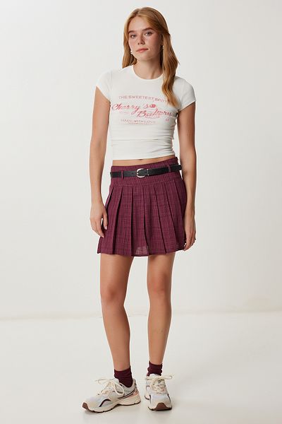Lovelyİstanbul Belted Pleated Mini Linen Skirt Lyy0118 Murdum
