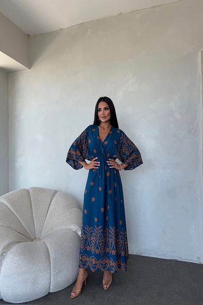 kamacibutik Double Breasted Collar Patterned Summer Dress with Elastic Waist and Bat Sleeve Detail