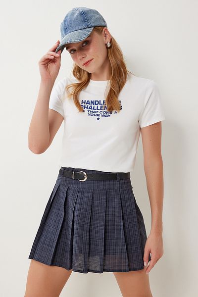 Lovelyİstanbul Belted Pleated Mini Linen Skirt Lyy0118 Gray