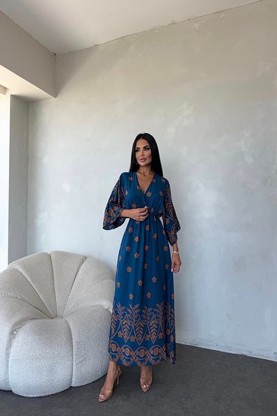 kamacibutik Double Breasted Collar Patterned Summer Dress with Elastic Waist and Bat Sleeve Detail
