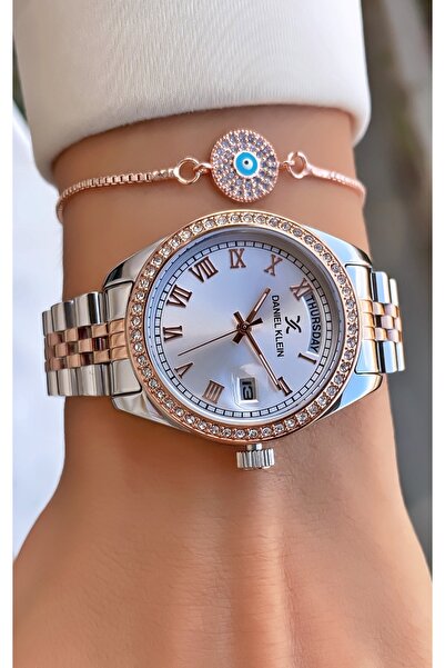 Daniel Klein Brand Rose Silver Color Steel Cord Women's Wristwatch - Bracelet Gift