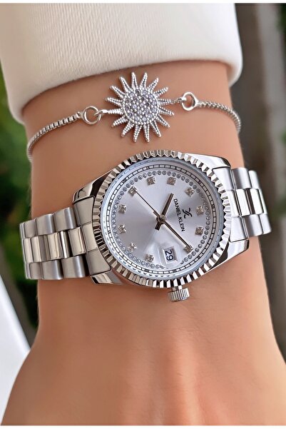 Daniel Klein ساعة يد نسائية بسوار فولاذي بلون فضي وردي - هدية سوار