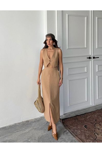 REFİŞ BUTİK VE AKSESUAR Linen Vest Midi Length Skirt Set