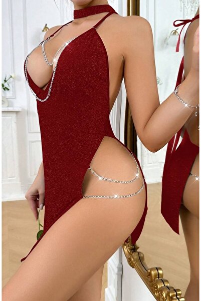 SİA LESS Rochie de noapte cu bretele cu lanț, cu deschidere înaltă, culoare burgundă argintie, rochie de noapte personalizată