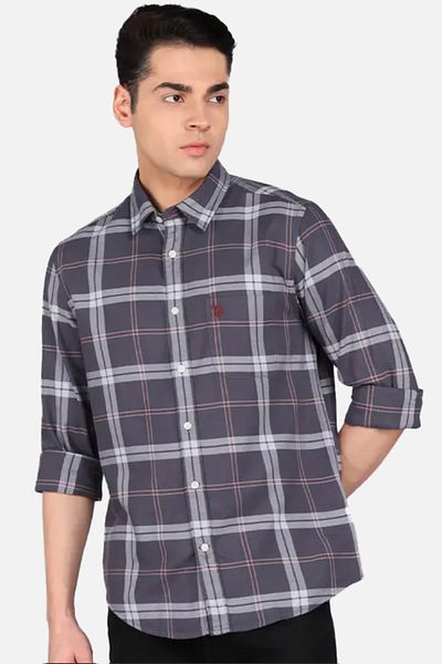 U.S. Polo Assn. Men's Grey Tailored Fit Checkered Casual Shirt