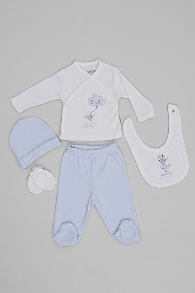 Yumilio Organik Pamuk Sevimli Bulut ve Kuşlar Desenli 5 Parça Yenidoğan Hastane Çıkışı Zıbın Seti