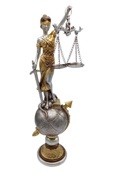 Dünyadan Hediyeler Themis Adalet Terazisi Heykeli ve Dünya Biblo Gümüş 37cm