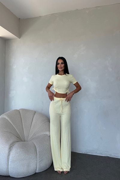LİLA İSTANBUL Crew Neck Side Gathered Crop Double Suit