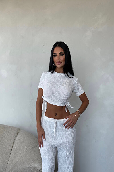 LİLA İSTANBUL Crew Neck Side Gathered Crop Double Suit