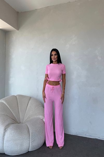 LİLA İSTANBUL Crew Neck Side Gathered Crop Double Suit