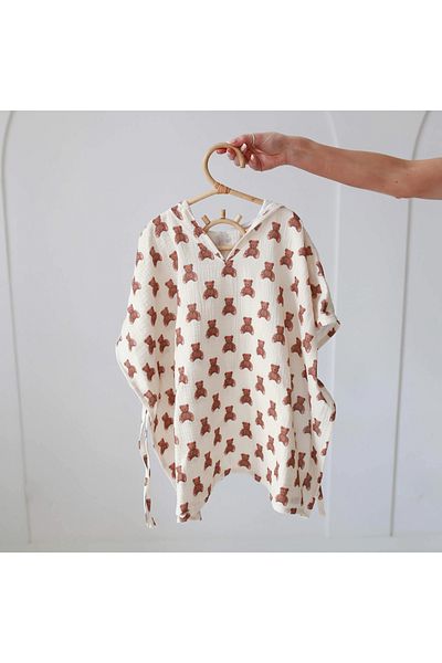 BABYLY Prosop din bumbac muselina cu gluga pentru copii, Poncho, Teddy Bears, S 2-3 ani