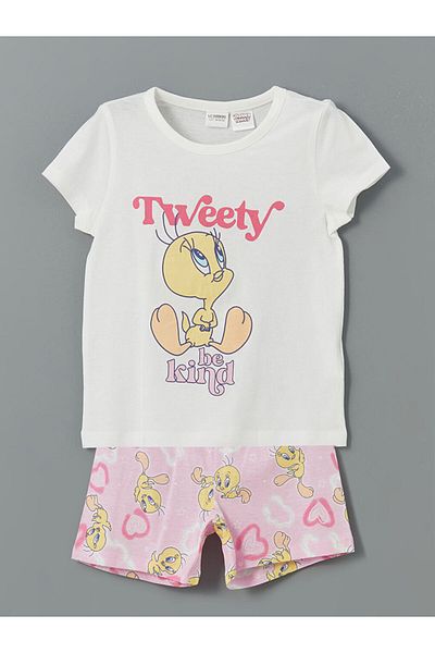LC Waikiki Lcw Kids White Tweety Printed Girl's T-Shirt and Shorts 2-Piece