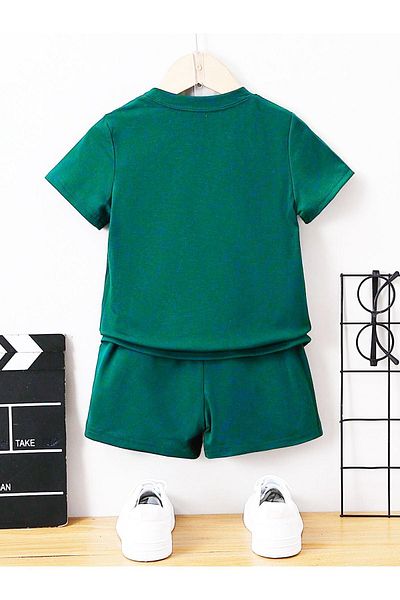 DUBU BUTİK Los Angeles Cıtyofangels Printed Nefti Green Children's Shorts T-Shirt Suit-Children's Summer Crew Neck
