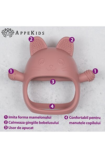 APPEKIDS Jucarie pentru dentitie din silicon, Appekids, Manusa Kitty - Old Rose