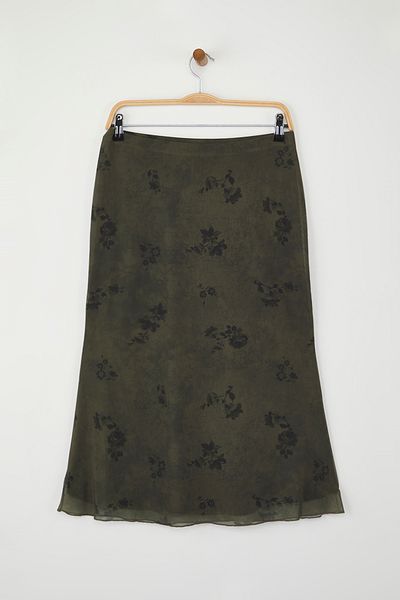 Trendyol Collection Khaki Floral Printed Bodycon Tulle Stretchy Knitted Skirt Twoaw26Et00036