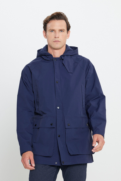 AC&Co / Altınyıldız Classics Navy Blue Men's Coat - Hooded, Stand Collar, Warm, Windproof