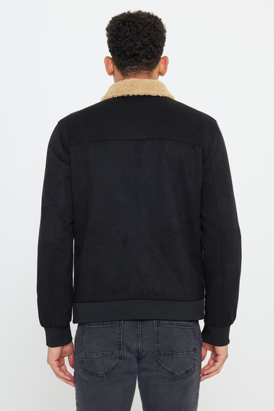 AC&Co / Altınyıldız Classics Erkek Siyah Standart Fit Normal Kesim Gömlek Yaka Süet Görünümlü Mont