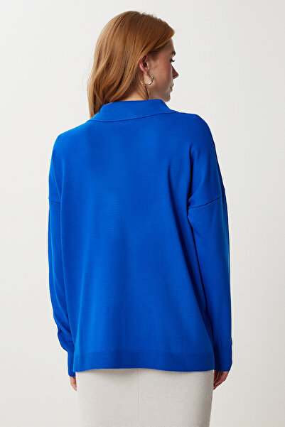 Happiness İstanbul Pulover de damă, albastru închis, cu guler polo, cu nasturi, tricotaj Kİ00161