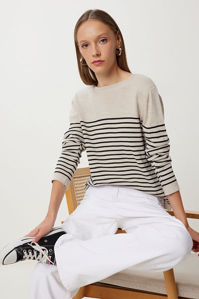 Happiness İstanbul Women's Stone Black Striped Basic Knitwear Sweater Ki̇00154