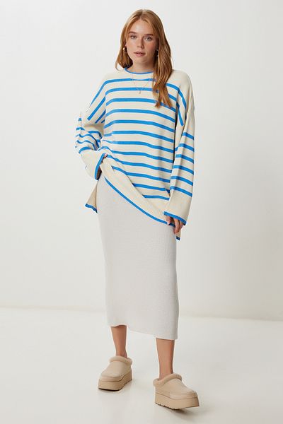 Happiness İstanbul Women's Bone Blue Striped Oversize Sweater Sweater Ki̇00160