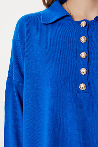 Happiness İstanbul Pulover de damă, albastru închis, cu guler polo, cu nasturi, tricotaj Kİ00161