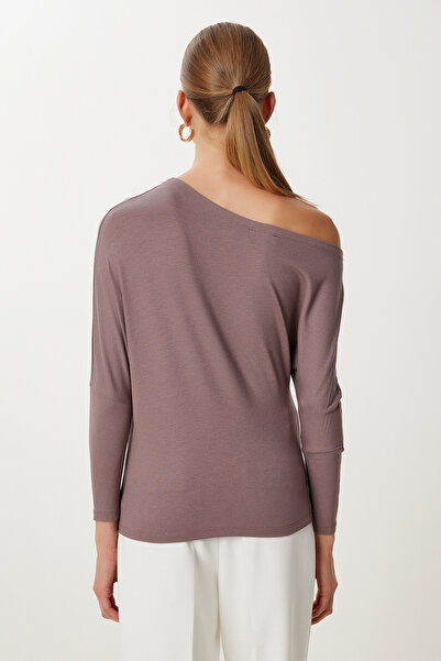 Happiness İstanbul Γυναικεία Μινκ Σκάφος Λαιμόκοψη Basic Πλεκτό Μπλούζα UB00473