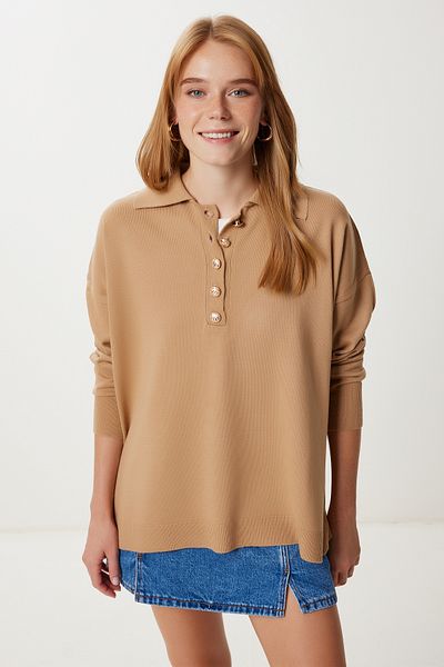 Happiness İstanbul Women's Camel Polo Neck Stylish Buttoned Knitwear Sweater Ki̇00161