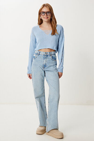 Happiness İstanbul Женски син пуловер с разкъсвания и детайли КИ00148