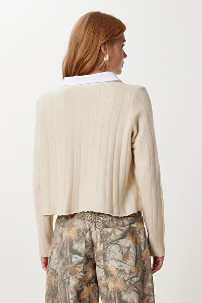 Happiness İstanbul Women's Cream Shirt Collar Contrast Knitwear Cardigan Yy00260