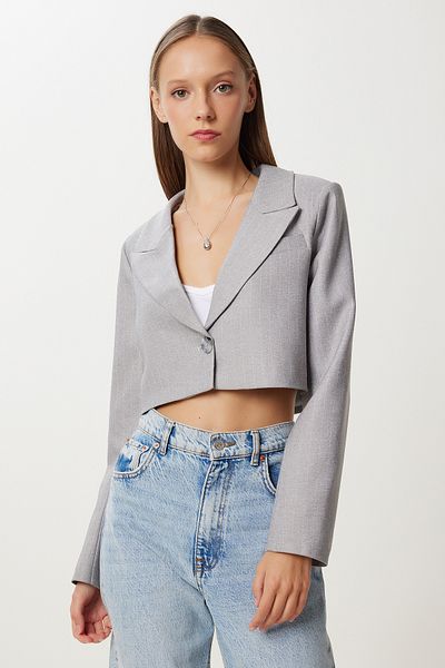 Happiness İstanbul Women's Gray Striped Padded Crop Woven Jacket Kt00027