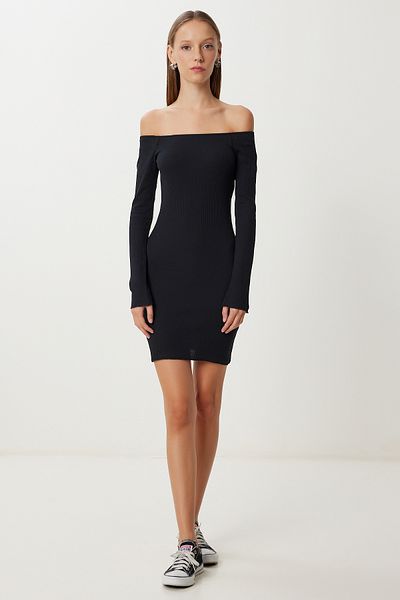 Happiness İstanbul Women's Black Carmen Collar Ribbed Knitted Mini Dress Ub00467