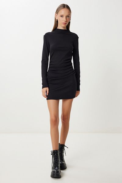 Happiness İstanbul Women's Black Gathered Stretchy Mini Knitted Dress Ub00474
