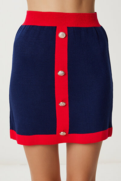 Happiness İstanbul Women's Navy Blue Red Contrast Color Knitwear Cardigan Skirt Suit Ki̇00151